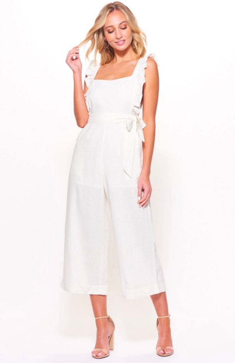 Woven Wide Leg Culotte Jumpsuit with Waist Self Tie in White