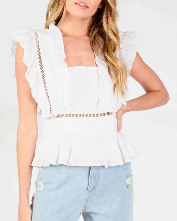 Honey Punch - Square Neck Top With Ruffle Detail in White