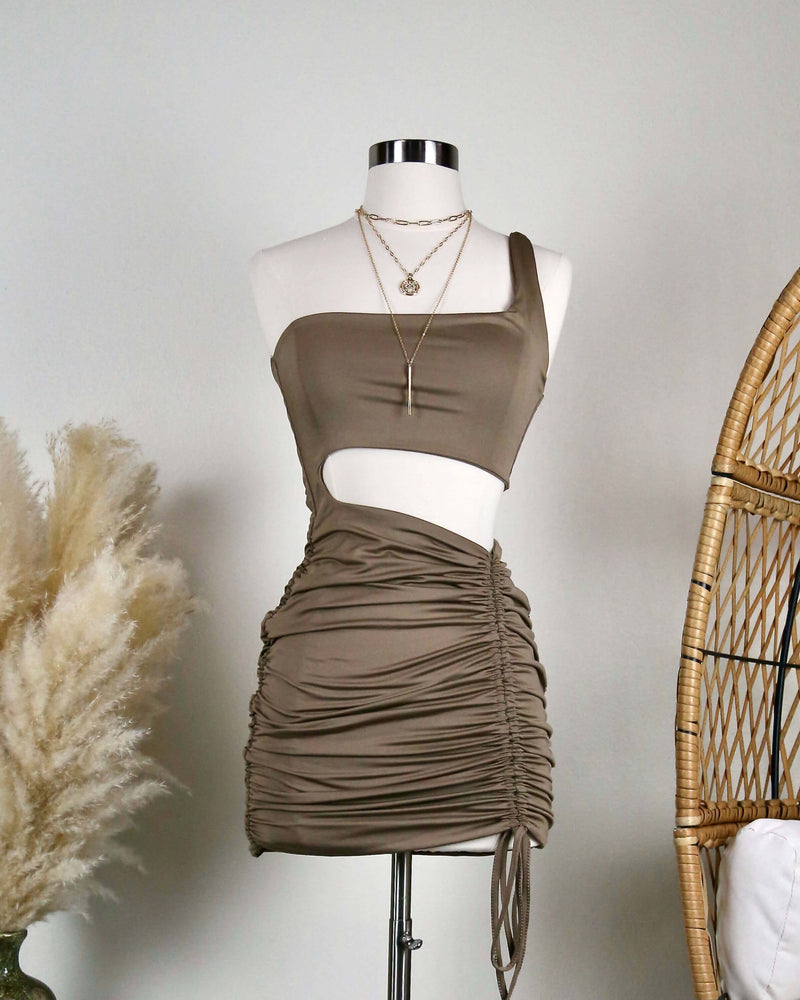 seamless - one shoulder - ruched - mini dress - cut out - adjustable - brown