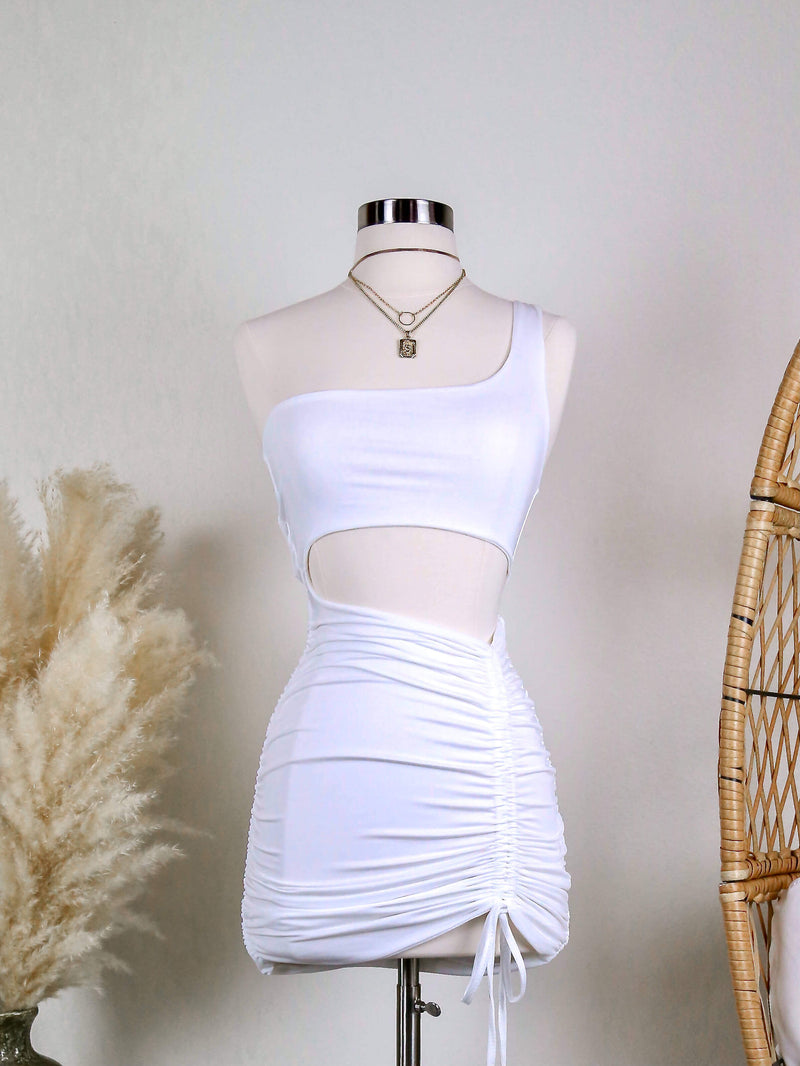 seamless - one shoulder - ruched - mini dress - cut out - adjustable - white