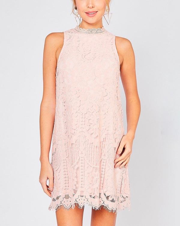 Final Sale - Best Part Sleeveless Lace Scallop Hem Mini Dress in Blush