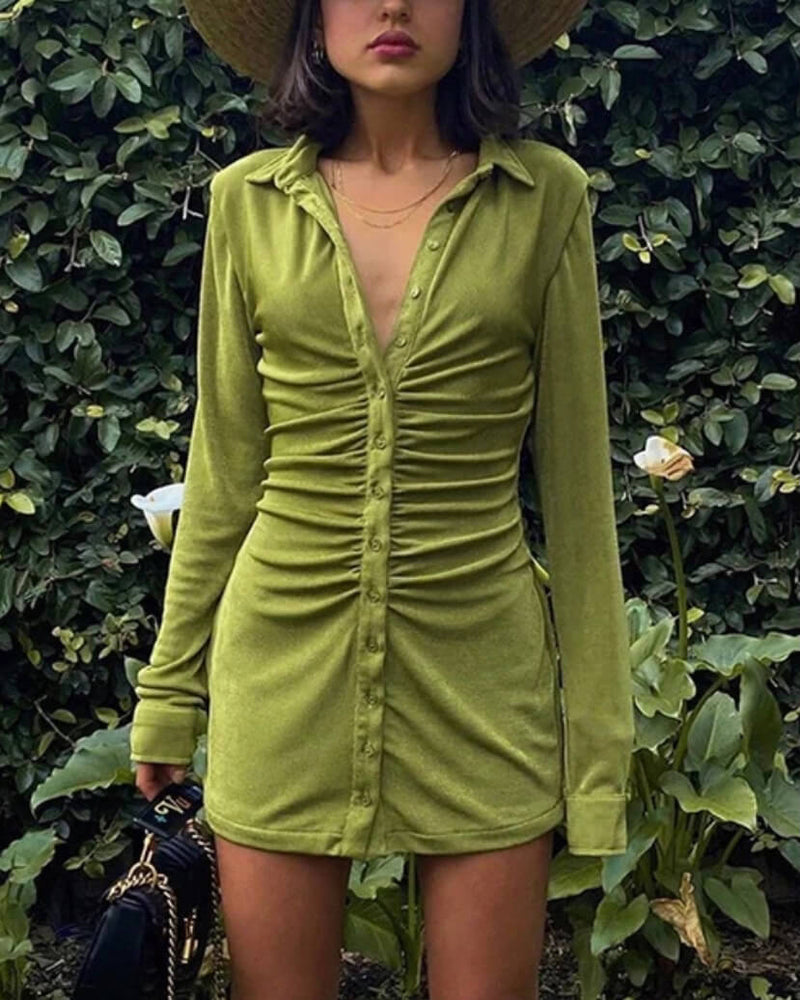 Slinky Ruched Shirt Dress in Shimmer Green