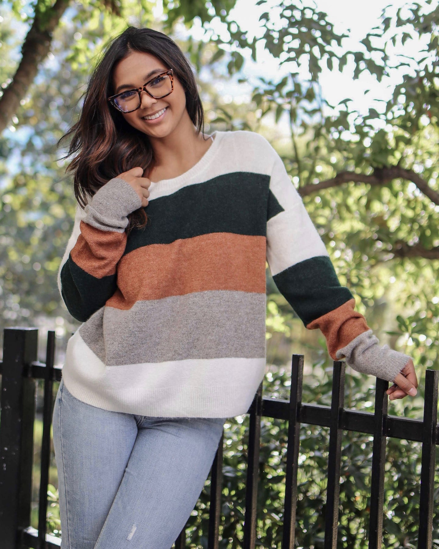 Soft Trendy Colorblock Round Neck Fall Winter Oversized Sweater Rust ...