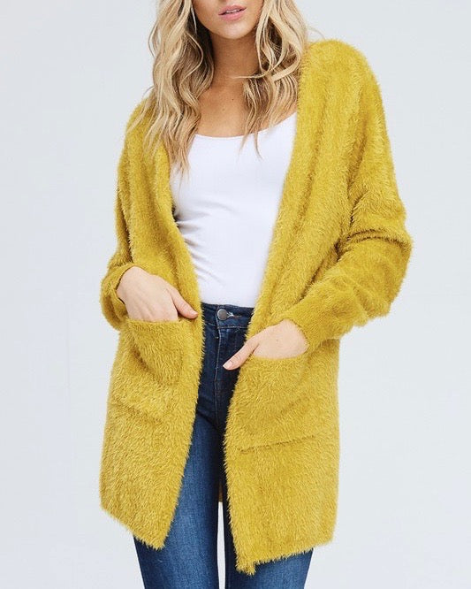Soft Fuzzy Open Front Cardigan with Double Pockets in Mustard