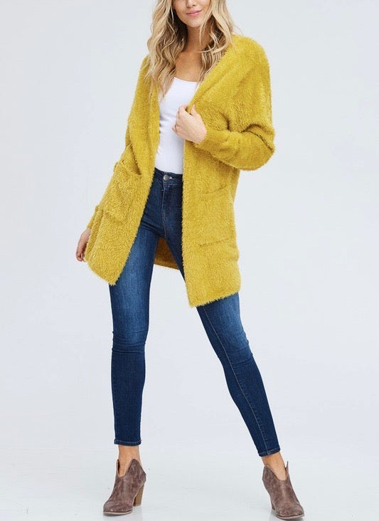 Soft Fuzzy Open Front Cardigan with Double Pockets in Mustard