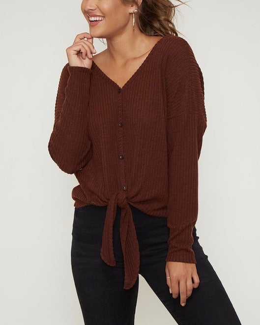 Solid Rib Self Front Tie Thermal Top With Twisted Open Back - Maroon