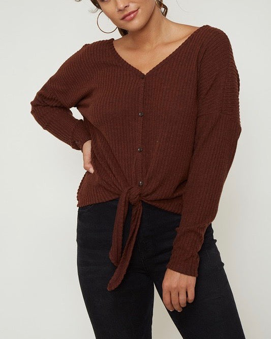 Solid Rib Self Front Tie Thermal Top With Twisted Open Back - Maroon