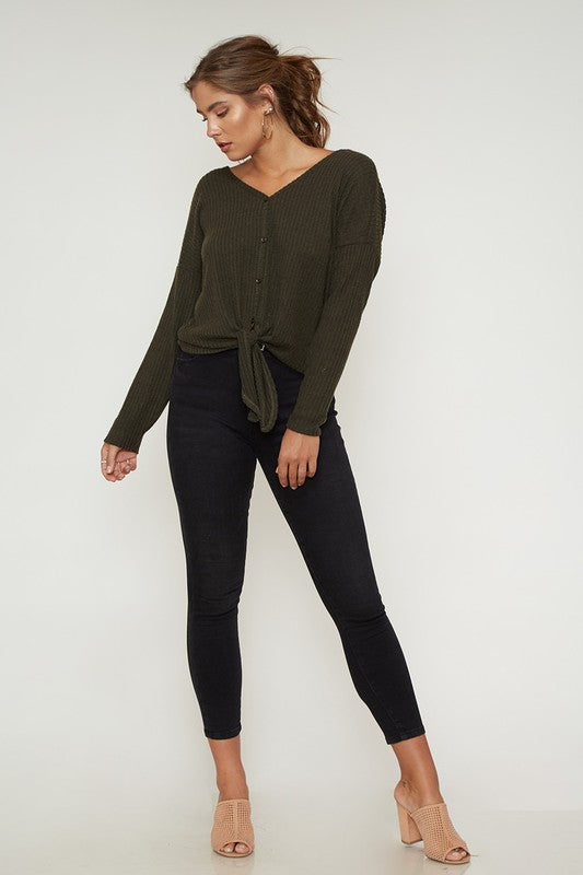 Solid Rib Self Front Tie Thermal Top With Twisted Open Back - Dark Olive