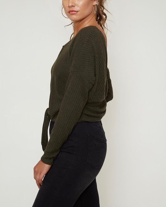 Solid Rib Self Front Tie Thermal Top With Twisted Open Back - Dark Olive