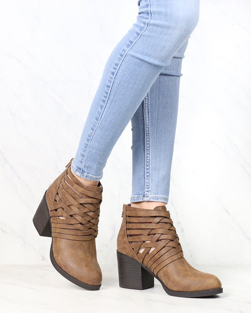 Strappy Woven Vamp Chunky Heel Bootie in Camel