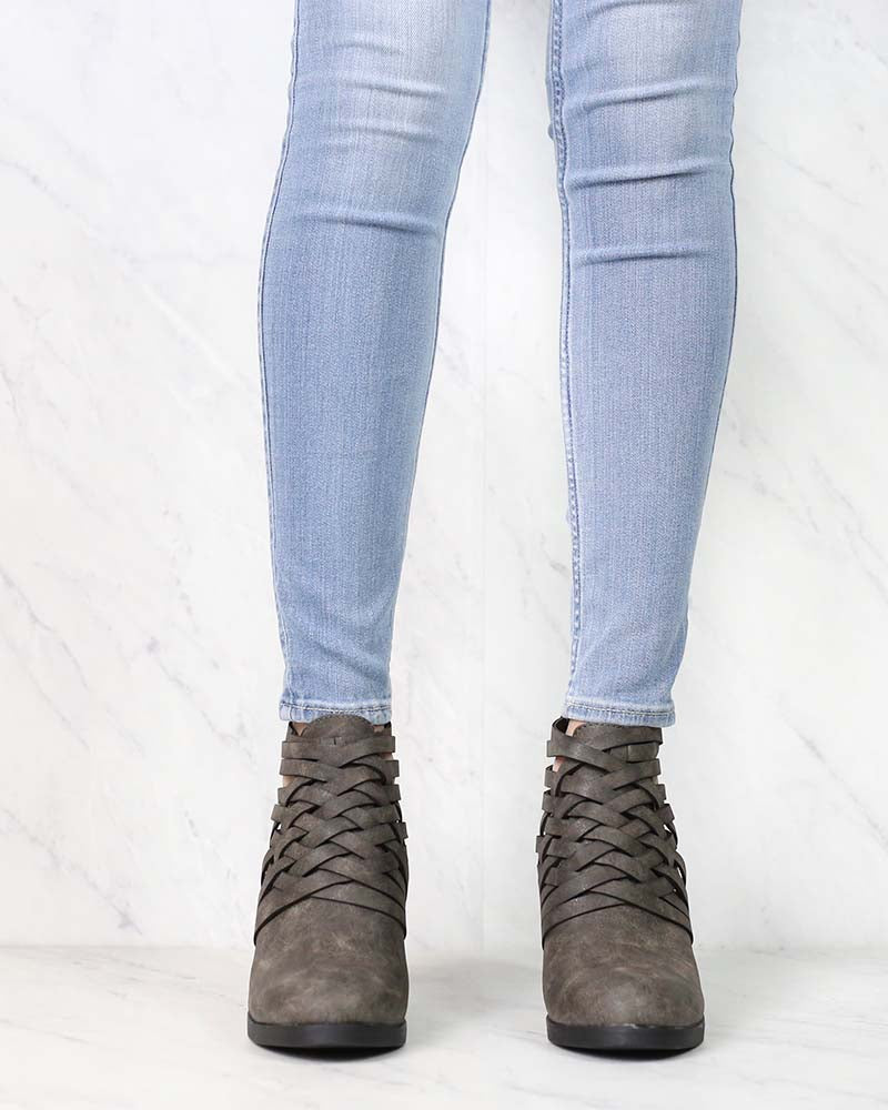 Strappy Woven Vamp Chunky Heel Bootie in Grey