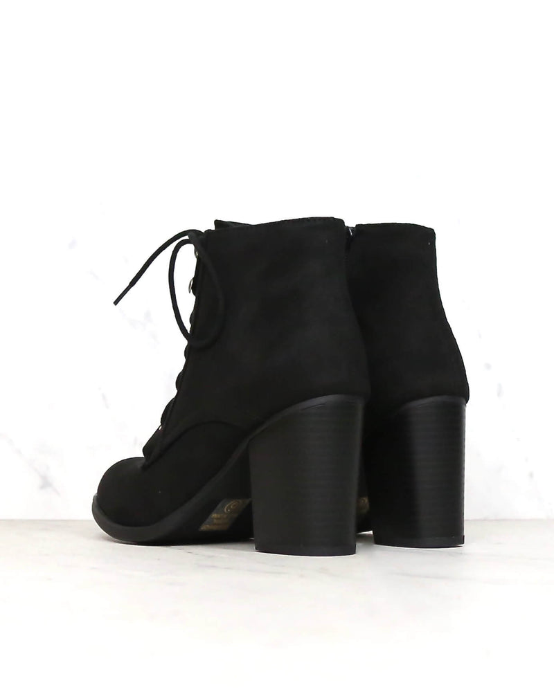 Suede Lace-Up Ankle Booties - Black
