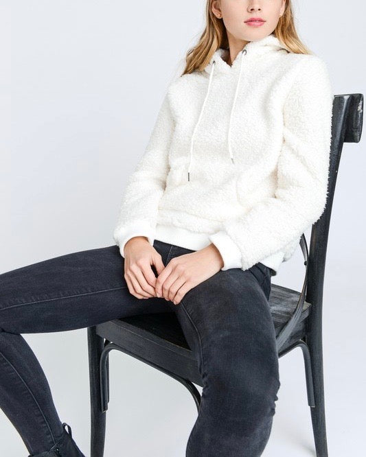 Super Soft Sherpa Front Pocket Hoodie Pullover - Ivory/White