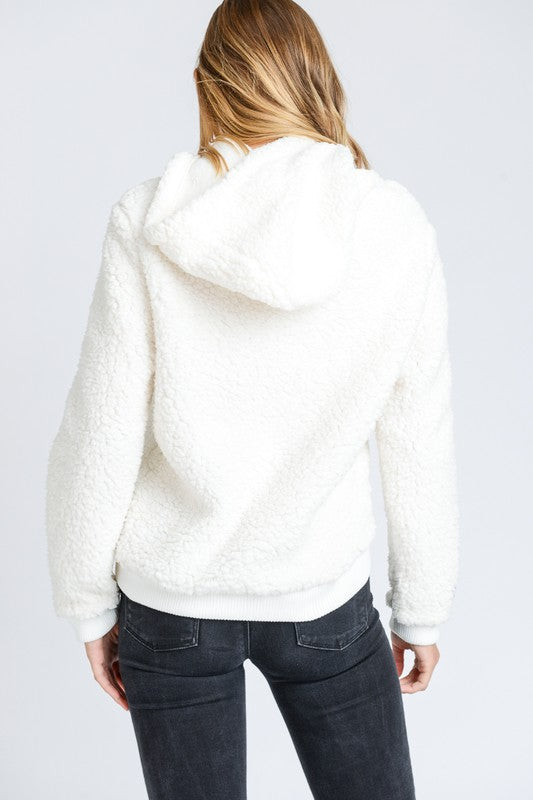 Super Soft Sherpa Front Pocket Hoodie Pullover - Ivory/White