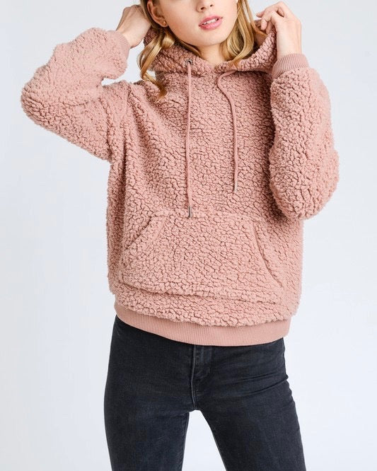 Super Soft Sherpa Front Pocket Hoodie Pullover - Mauve