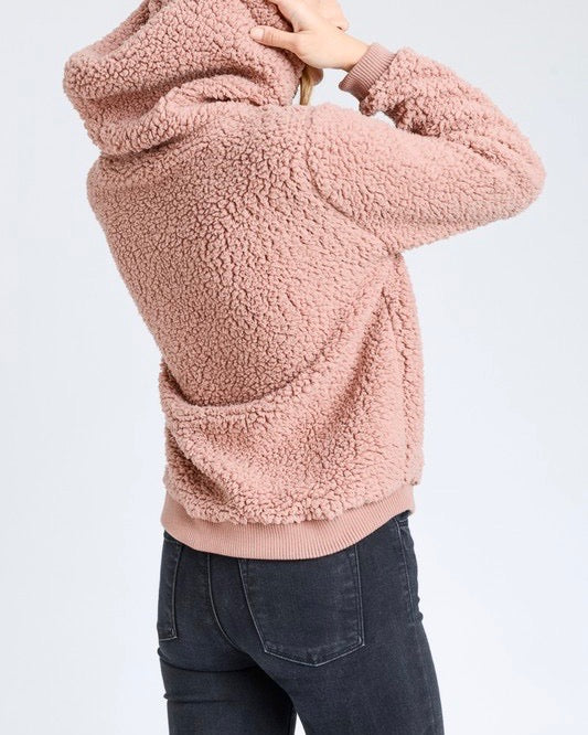 Super Soft Sherpa Front Pocket Hoodie Pullover - Mauve