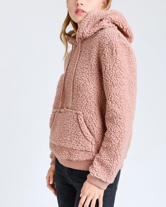 Super Soft Sherpa Front Pocket Hoodie Pullover - Mauve