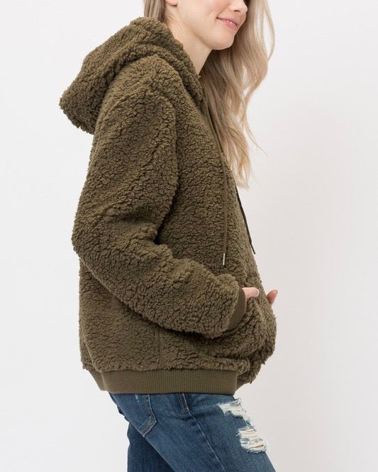 Super Soft Sherpa Front Pocket Hoodie Pullover - Olive
