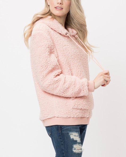 Super Soft Sherpa Front Pocket Hoodie Pullover - Pink
