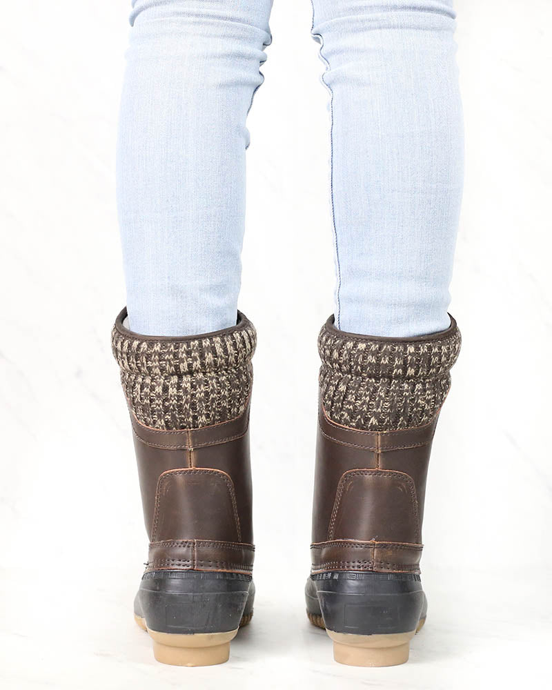 Sweater Cuff Lace-Up Mid Calf Boots - Brown