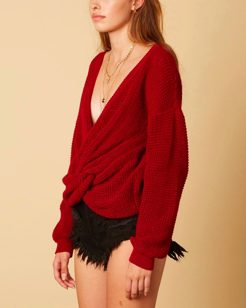 Cotton Candy LA - Plunging Twist Knot Front Sweater with Dropped Shoulders in Burgundy
