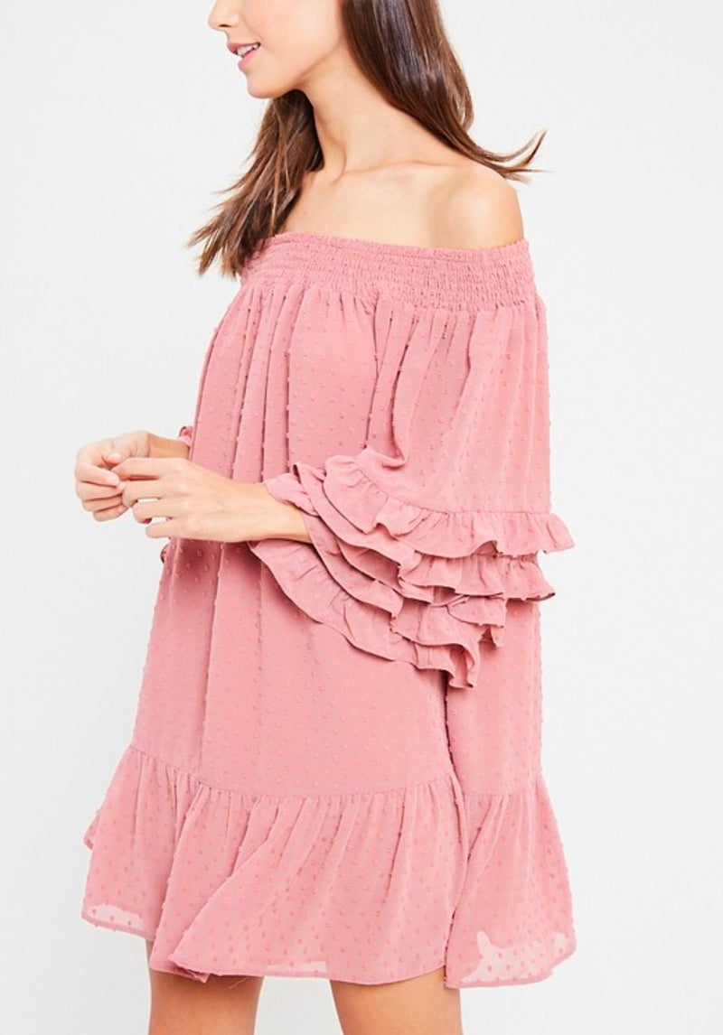 Swiss Dot Ruffle Tiered Sleeve Off-The-Shoulder Tunic Dress in Ginger