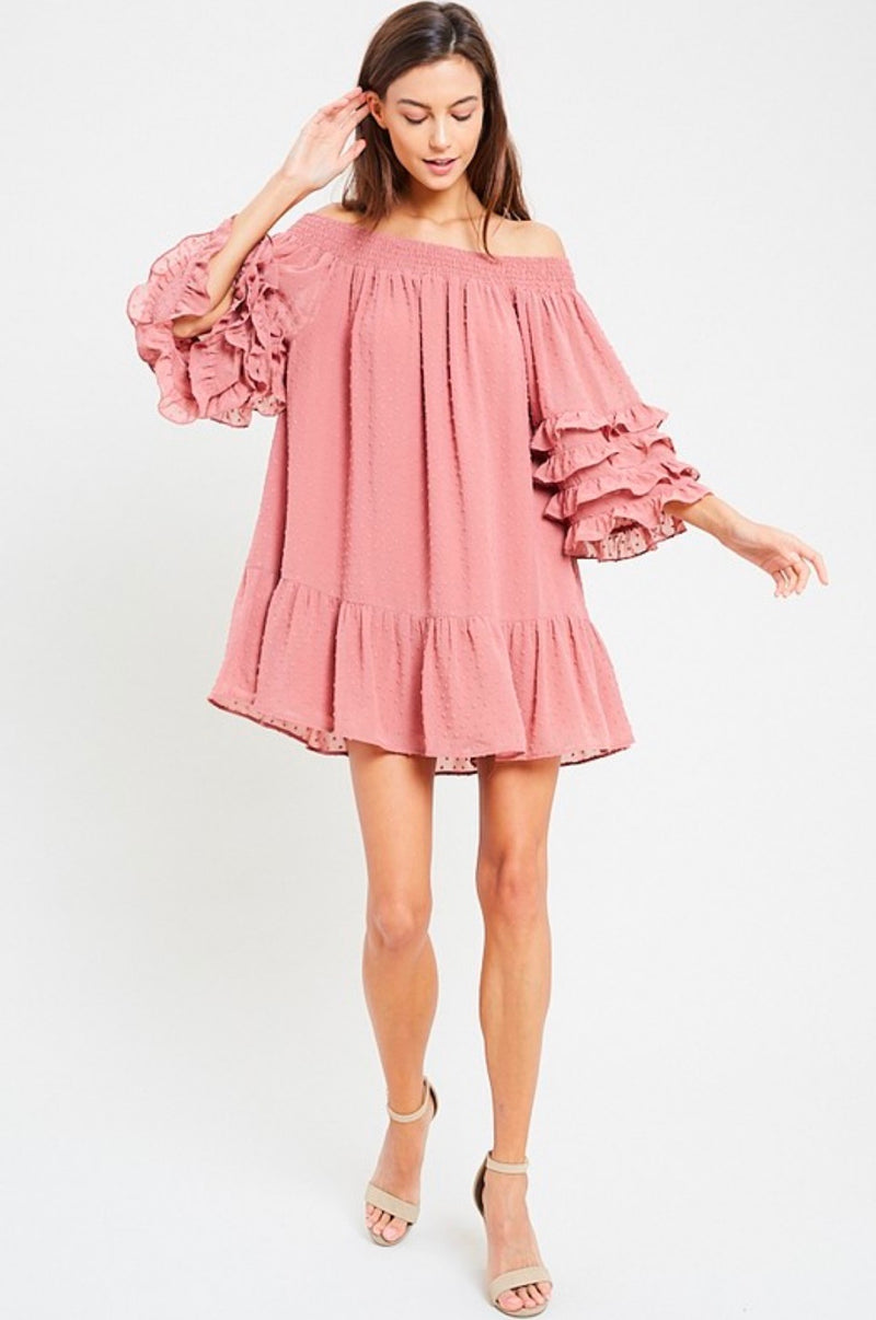 Swiss Dot Ruffle Tiered Sleeve Off-The-Shoulder Tunic Dress in Ginger