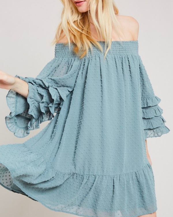 Swiss Dot Ruffle Tiered Sleeve Off-The-Shoulder Tunic Dress in Grey Mint