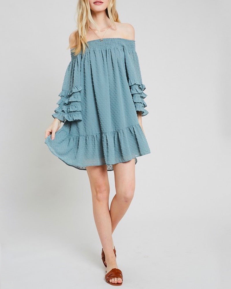 Swiss Dot Ruffle Tiered Sleeve Off-The-Shoulder Tunic Dress in Grey Mint