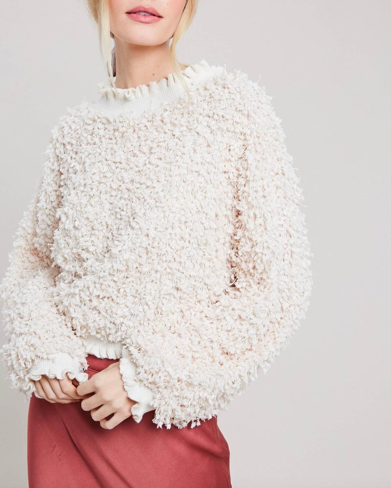 Textured Mock Neck Pullover With Ruffle Hem in Natural