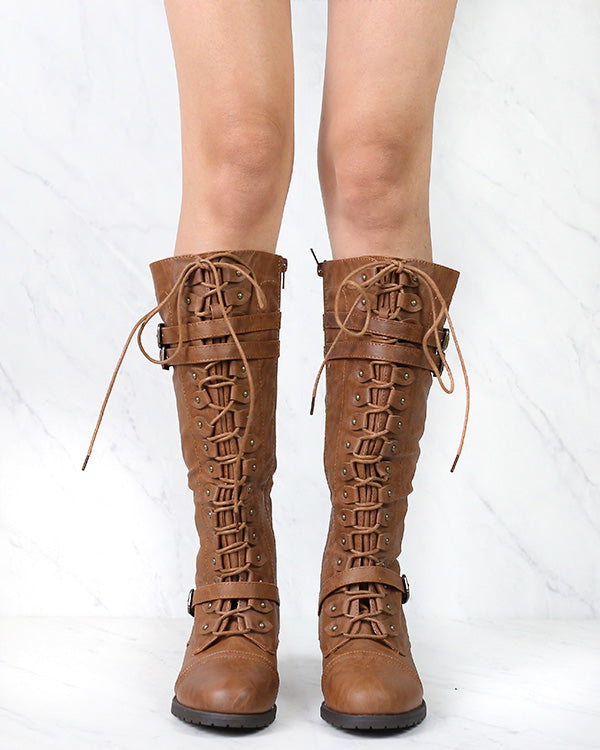 Tall Lace Up Combat Boots in Tan