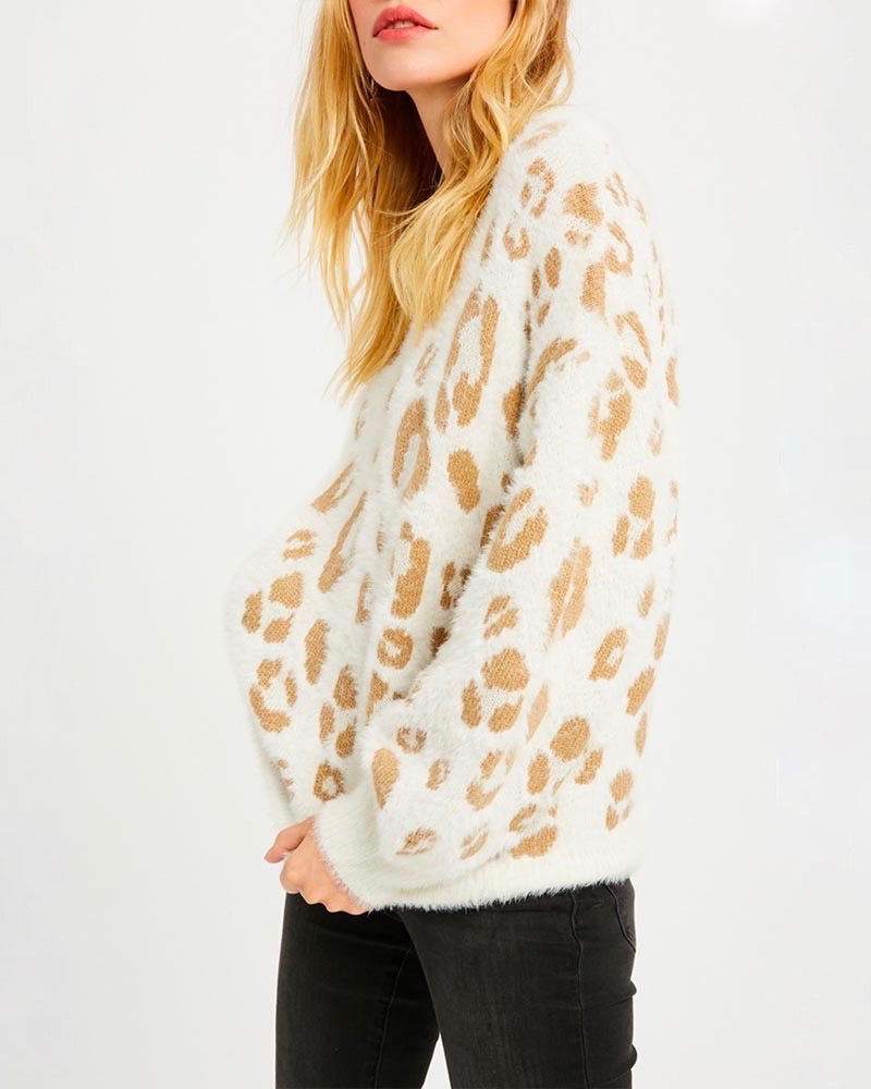 Textured Animal Print Pullover Sweater - More Colors