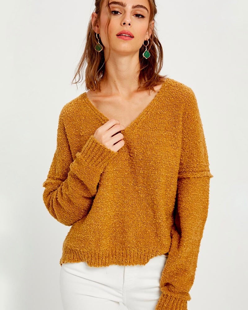 Textured V-Neck Knit Sweater - Mustard