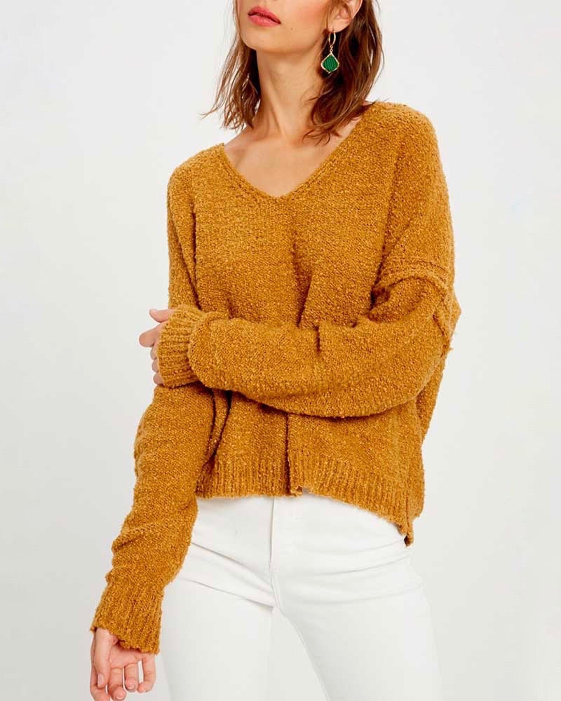Textured V-Neck Knit Sweater - Mustard