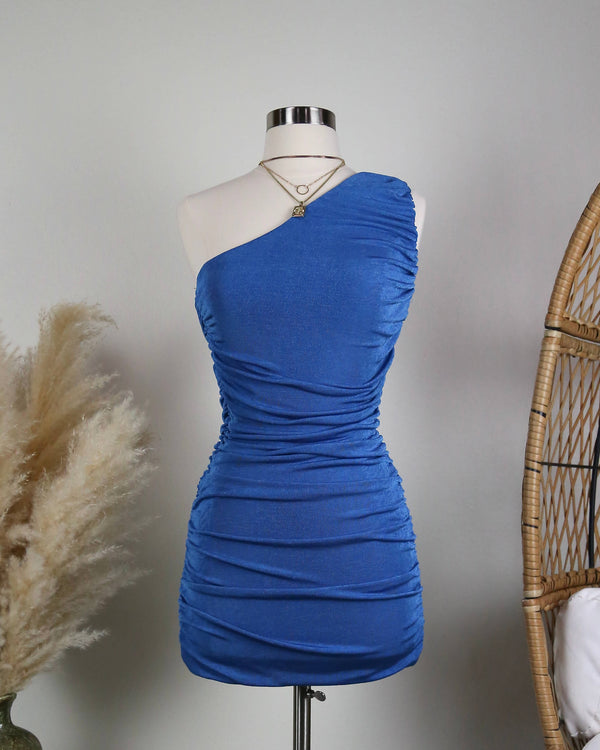 ruched - one shoulder - mini dress - suede - blue