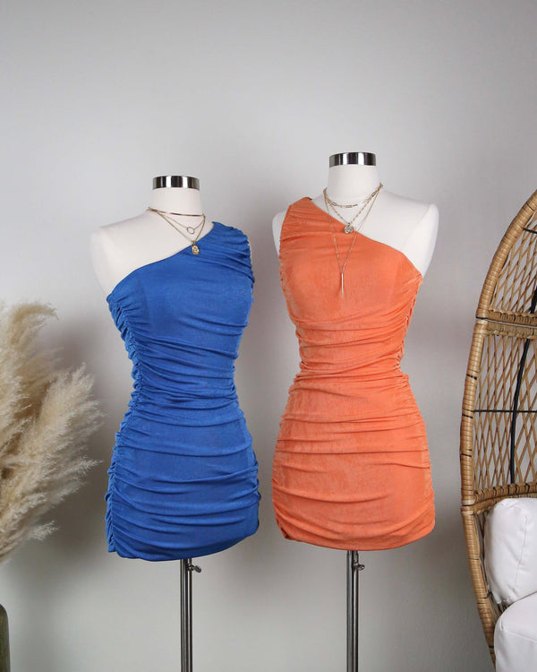 ruched - one shoulder - mini dress - suede - orange - blue