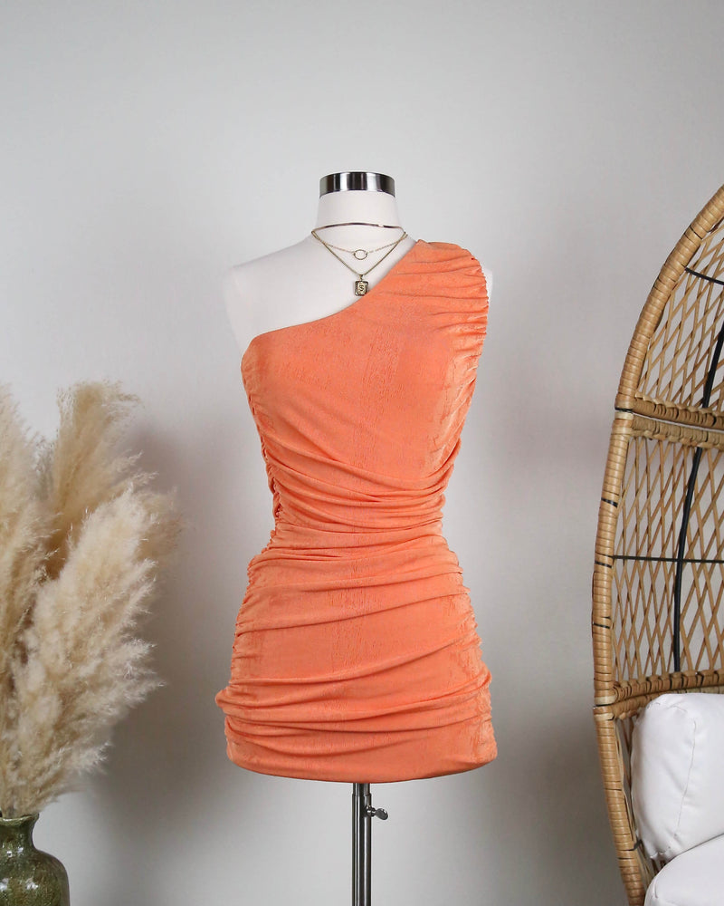 ruched - one shoulder - mini dress - suede - orange