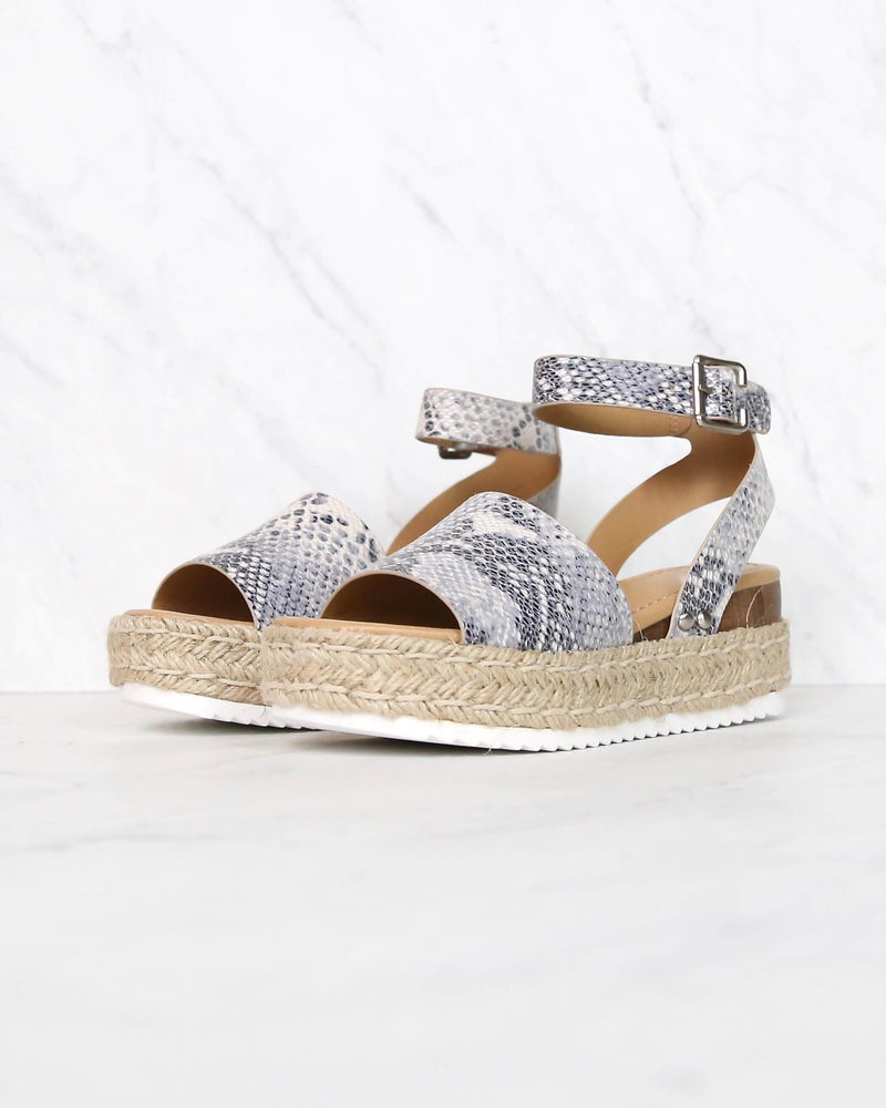 Trendy Sporty Flatfrom Espadrille Sandal with Adjustable Ankle Strap in Beige Python