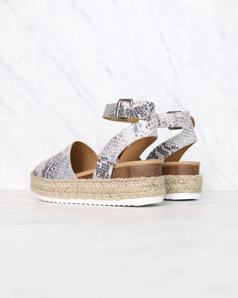Trendy Sporty Flatfrom Espadrille Sandal with Adjustable Ankle Strap in Beige Python