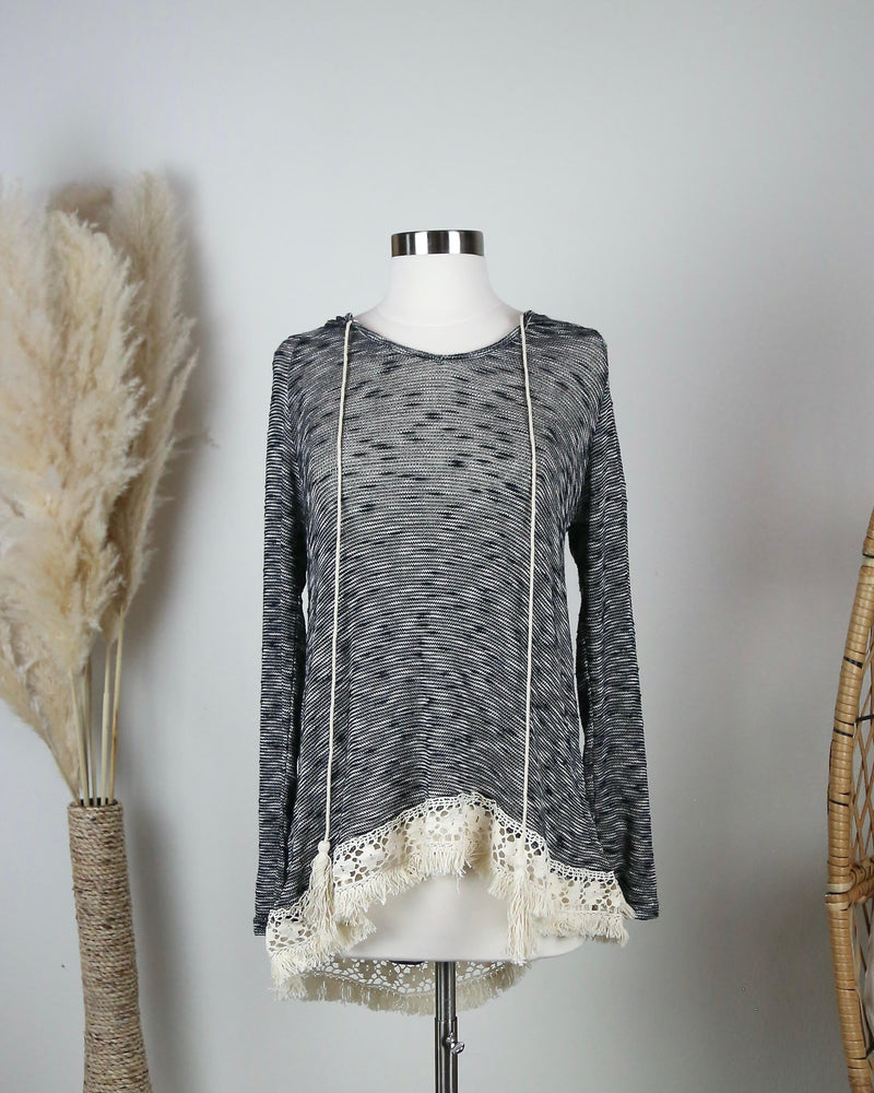 Two Tone Lightweight Boho Pull Over Sweater Tunic Hoodie with Lace Hem in Grey