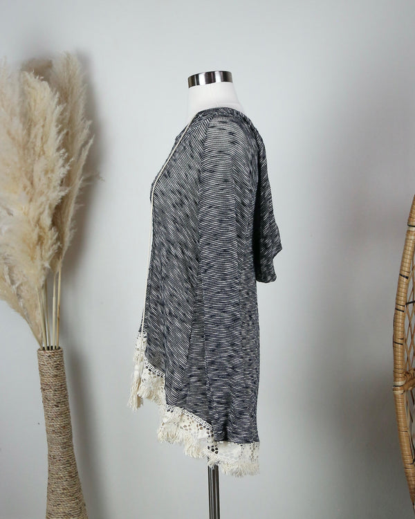 Two Tone Lightweight Boho Pull Over Sweater Tunic Hoodie with Lace Hem in Grey