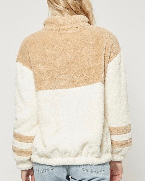 Final Sale - Two Tone Sherpa Half-Zip Pullover - Ivory/Taupe