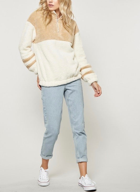 Final Sale - Two Tone Sherpa Half-Zip Pullover - Ivory/Taupe
