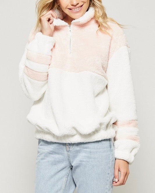 Final Sale - Two Tone Sherpa Half-Zip Pullover - Ivory/Blush