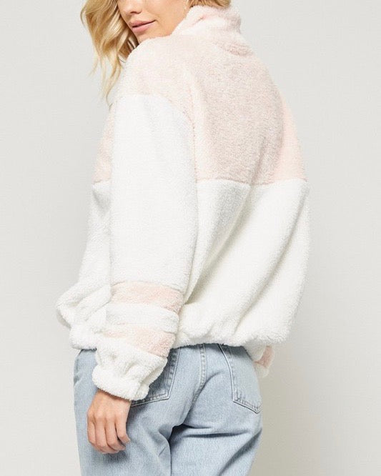 Final Sale - Two Tone Sherpa Half-Zip Pullover - Ivory/Blush