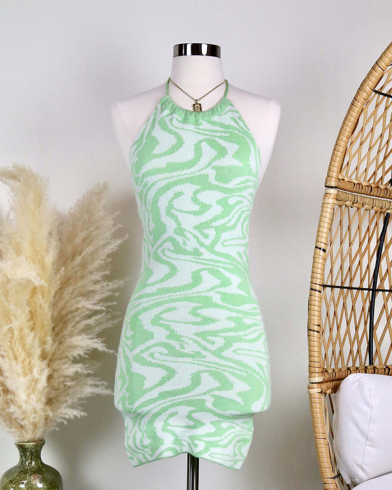halter neck - knit - stretchy - open back - swirl design - dress - green