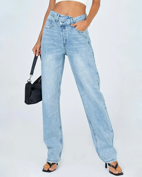 Asymmetrical Hem Wrap Style Denim Jeans