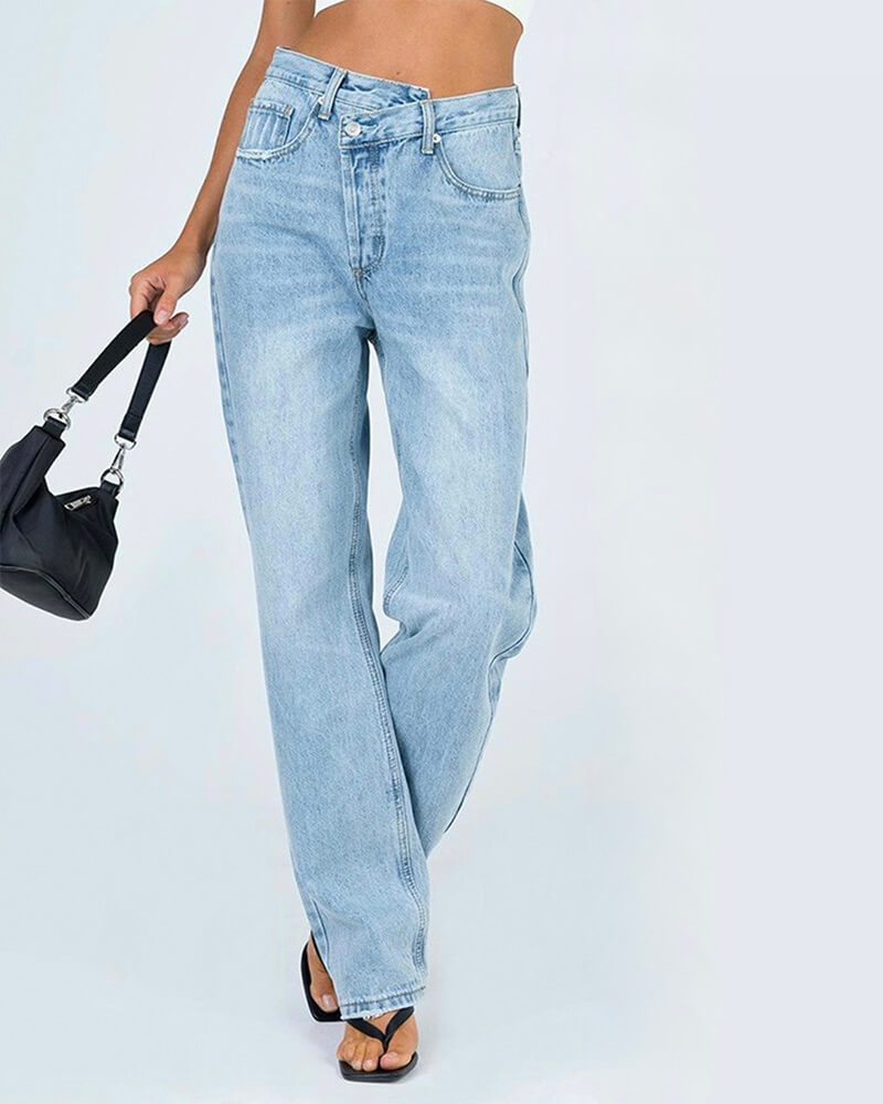 Asymmetrical Hem Wrap Style Denim Jeans