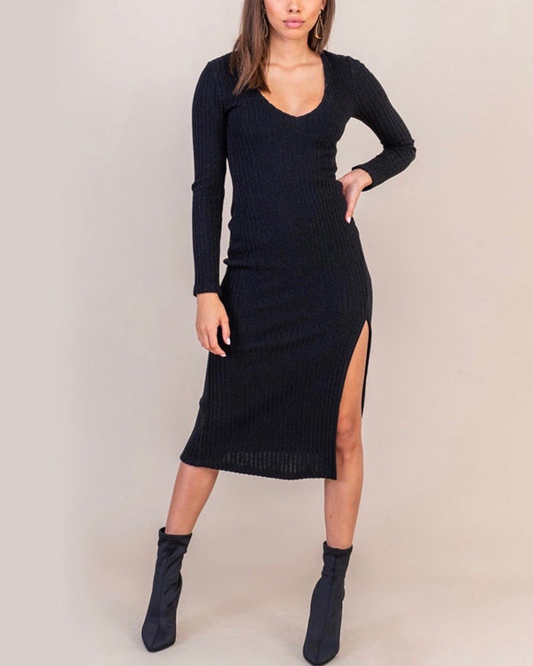 Lush Clothing - V-Neck Long Sleeve Side Slit Knit Midi Dress in Black