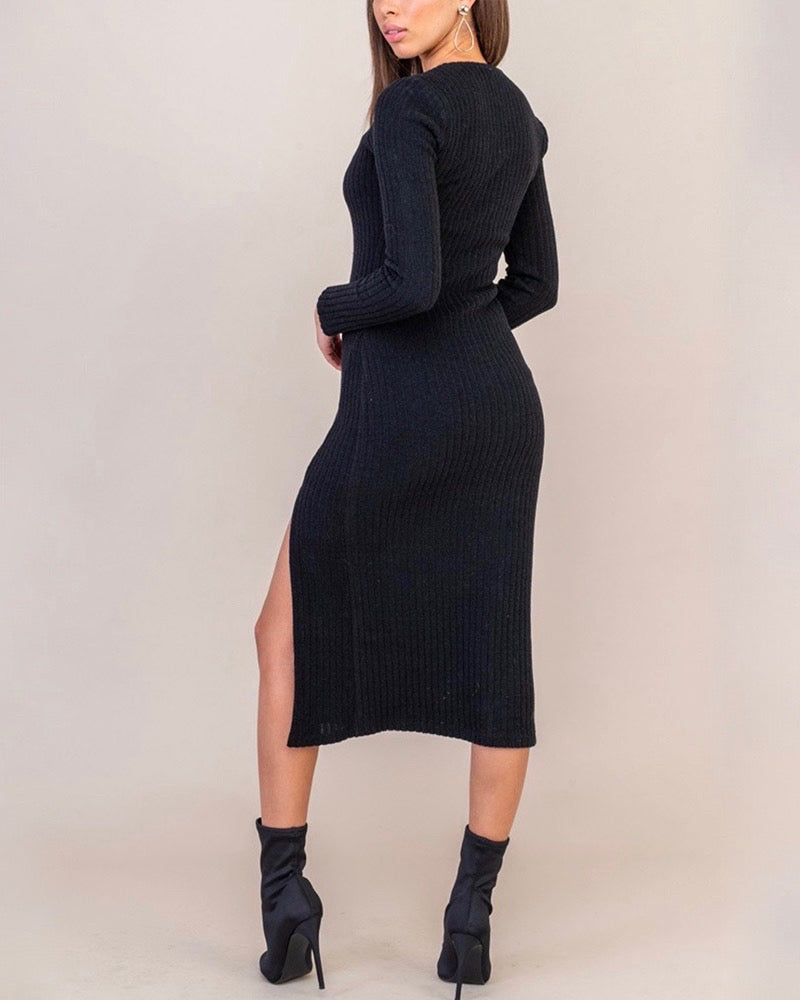 Lush Clothing - V-Neck Long Sleeve Side Slit Knit Midi Dress in Black